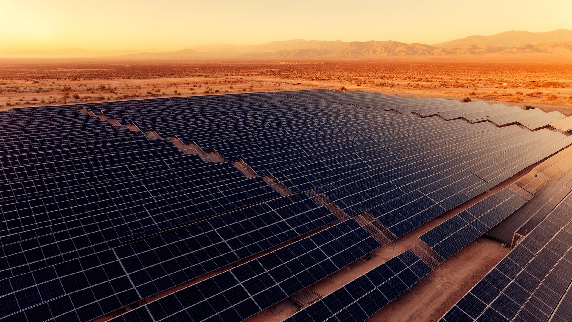 Utility-scale solar farm at golden hour
